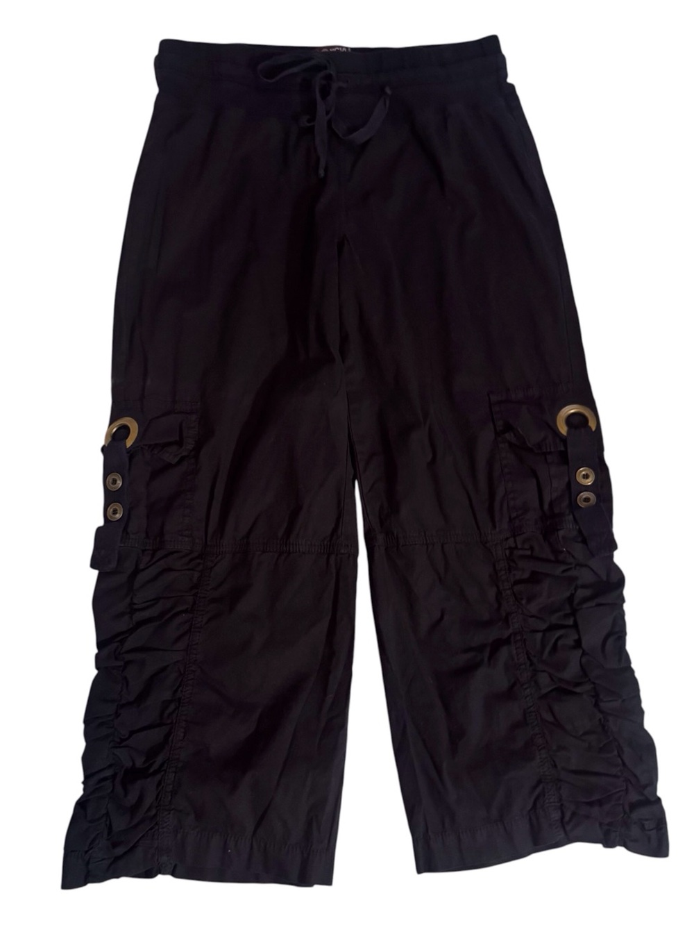 XCVI Medium Black Cargo Gaucho Pants Ruched Boho Pull On Y2K Cropped Utility